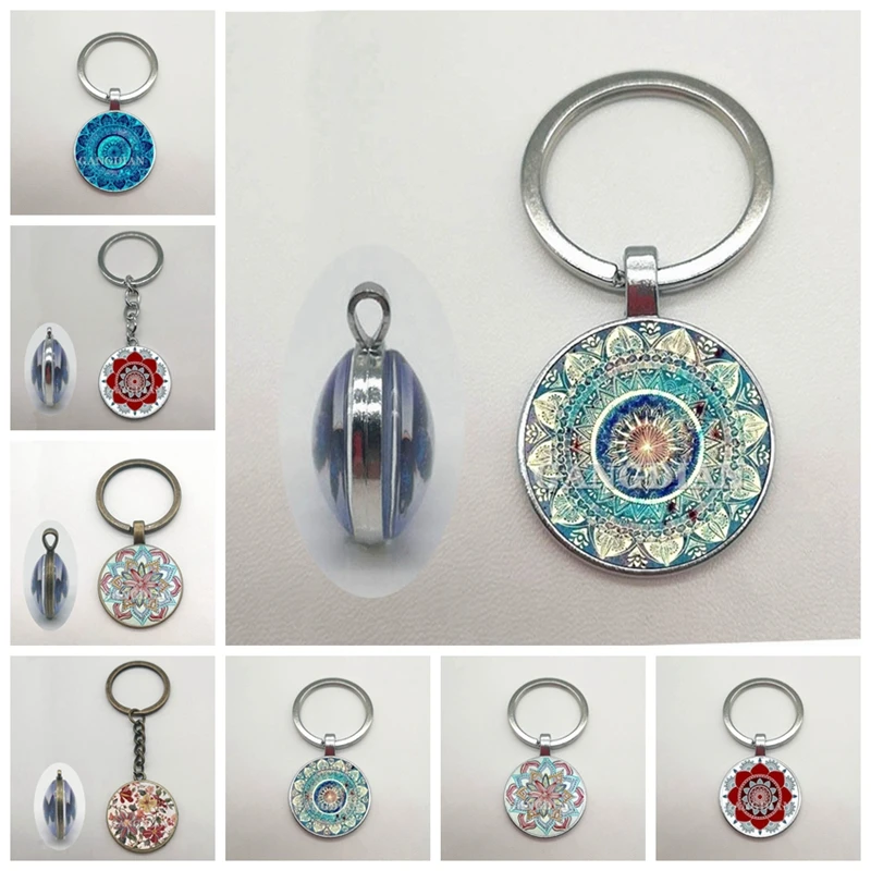 VintageDoubleSidedGlassDomeKeychainBuddhistChakraGlassCabochon