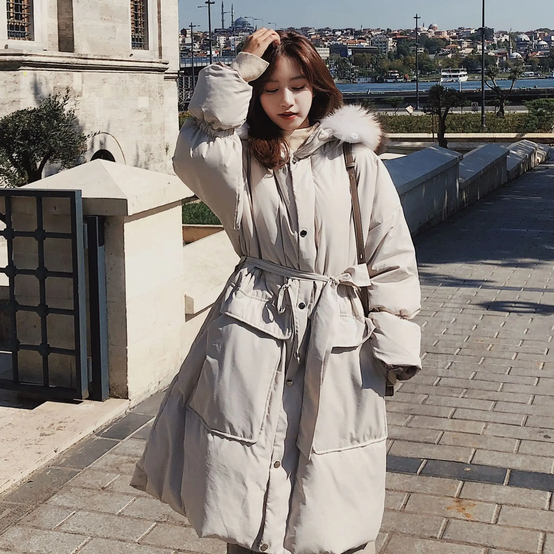 

2019chic Hooded Large Fur Collar Korean-style Waist Hugging Lace-up down Coat Women's Off-white Long over-the-Knee Cotton Overco