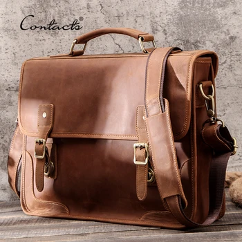 

CONTACT'S Casual Men Handbags Crazy Horse Leather Men Briefcase Business Laptop Bag for 15.6" Male Messenger Shoulder Bags Brand