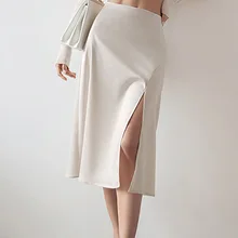 

Women Elegant Office Lady Quality Glossy Satin Skirt Plain Shiny Fashion Elegant Solid High Waist Skirts