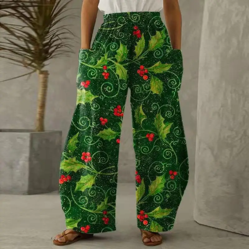 flare pants New Fashion Women Christmas Print Trousers Spring Casual Wide Leg Full Length Pants Autumn Loose Elastic Waist Pocket Trousers nike sweatpants Pants & Capris