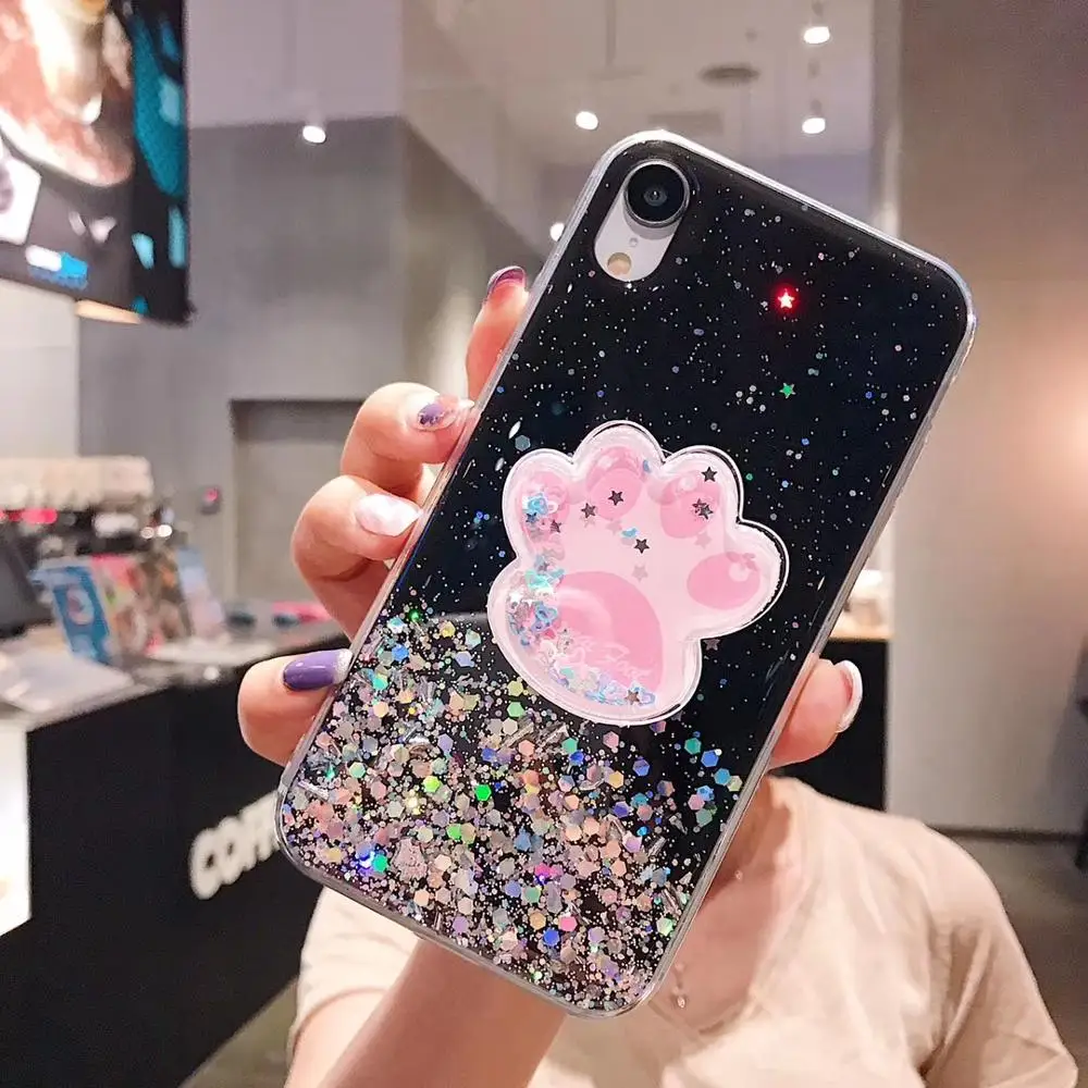 

Luxury DIY Cat claw Clear Holder Phone case For iPhone IX 5.8inch ix 6.1inch IX 6.5Inch TPU Bling Glitter Stand Capa Funds Coque