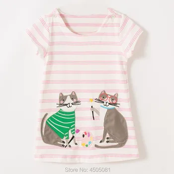 

1-7Y Summer 100% Combed Cotton Kids Dresses For Girls Pink Cats Bebe Beach Dress Baby Girl Clothes Children Striped Tops Casual