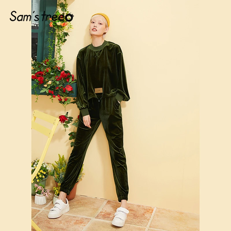 Cena Samstree Green solidna w stylu casual, sztruksowa Retro rozrywka dwuczęściowe stroje damskie 2019 jesień sznurkiem sportowe ubrania damskie