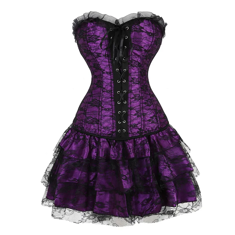 

Women's Gothic Vintage Lace Trim Corset Dress Sexy Floral Bustiers and Corsets with Mini Tutu Skirt Witch Cosplay Costume Purple