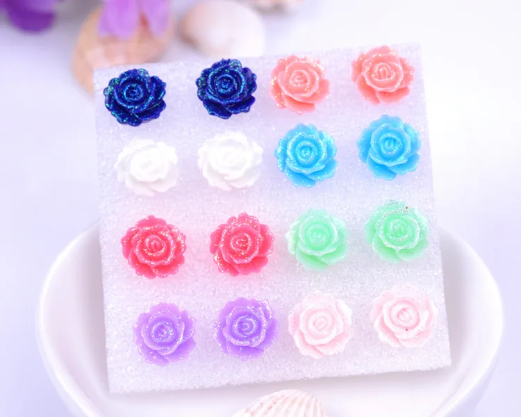 8Seasons New Fashion Colorful Rose Chrysanthemum Flower Plastic Stud Earrings Set For Women Party Club Earrings Jewelry,1Set