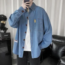 2020 Men's Long Sleeve Blouse Korean Designer Mens Clothing Brands Button Down Denim Shirts with Top Brand Pocket Casual Shirt