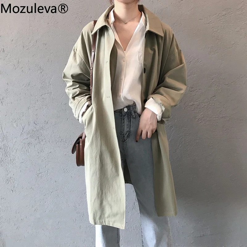 

Mozuleva New 2022 Autumn WIinter Women 100% COTTON Windbreaker Elegant Buttons Vintage Lady Workwear Long Trench Tops Jackets