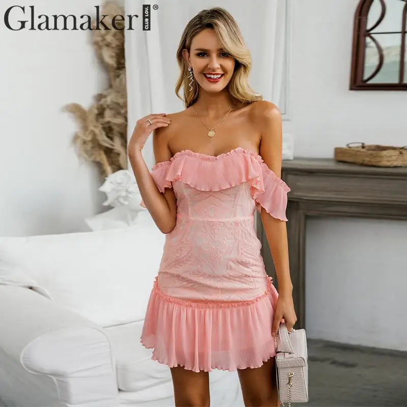 Женское вечернее платье с открытыми плечами Glamaker розовое трапециевидной формы