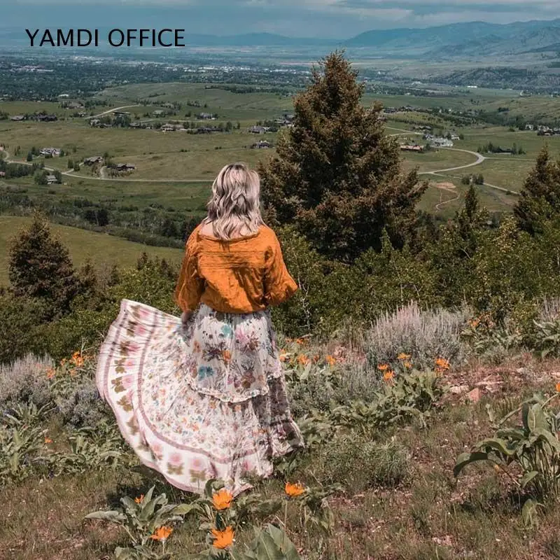 YAMDI эластичный пояс макси юбка Цветочная дикая женская цветочная длинная юбка Цыганская девушка печать гофрированная юбка в стиле бохо Многоуровневая отделка юбки