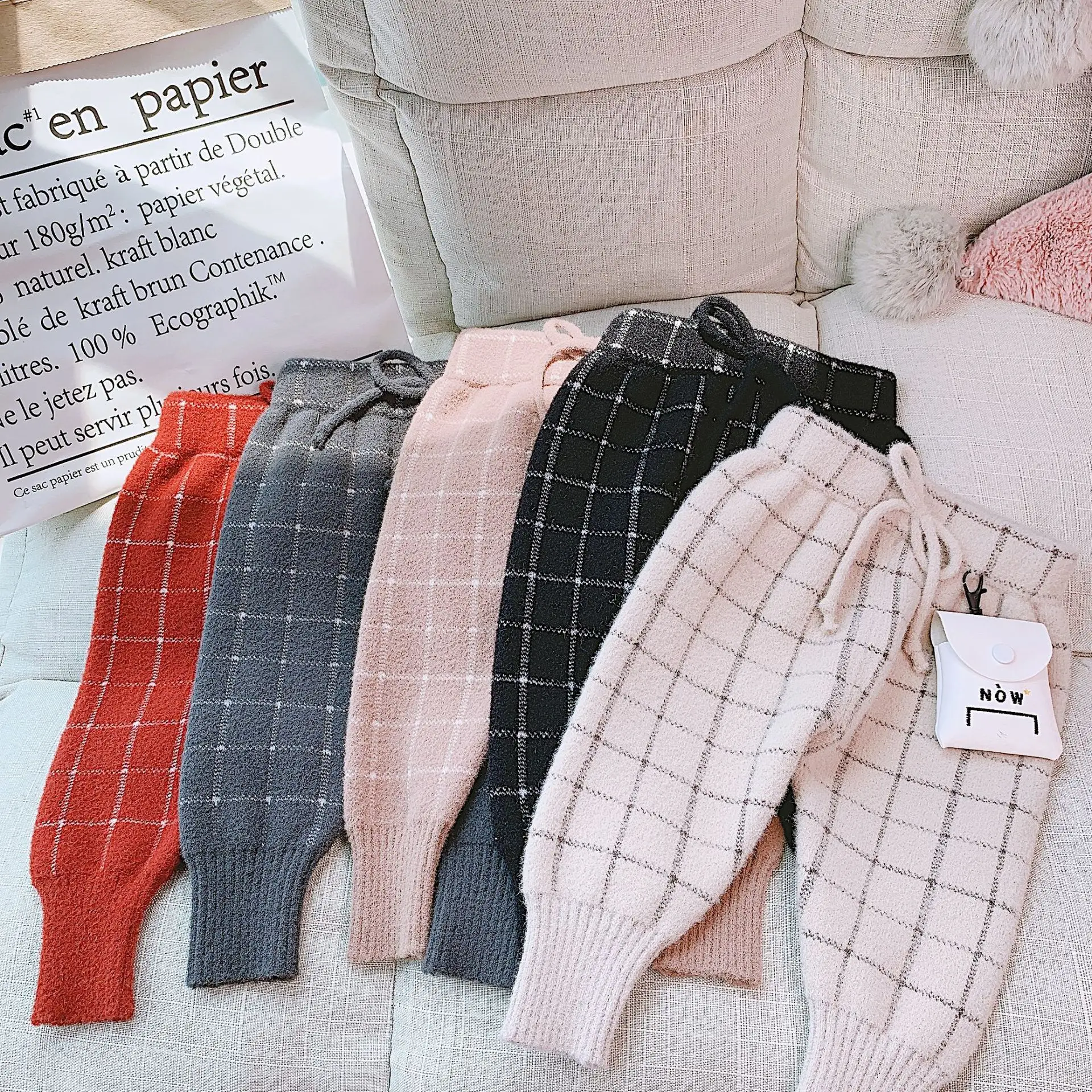 

2019 Autumn New Arrival Korean style cotton casual all-match plaid harlen bottoming long knitted pants for cute sweet baby girls