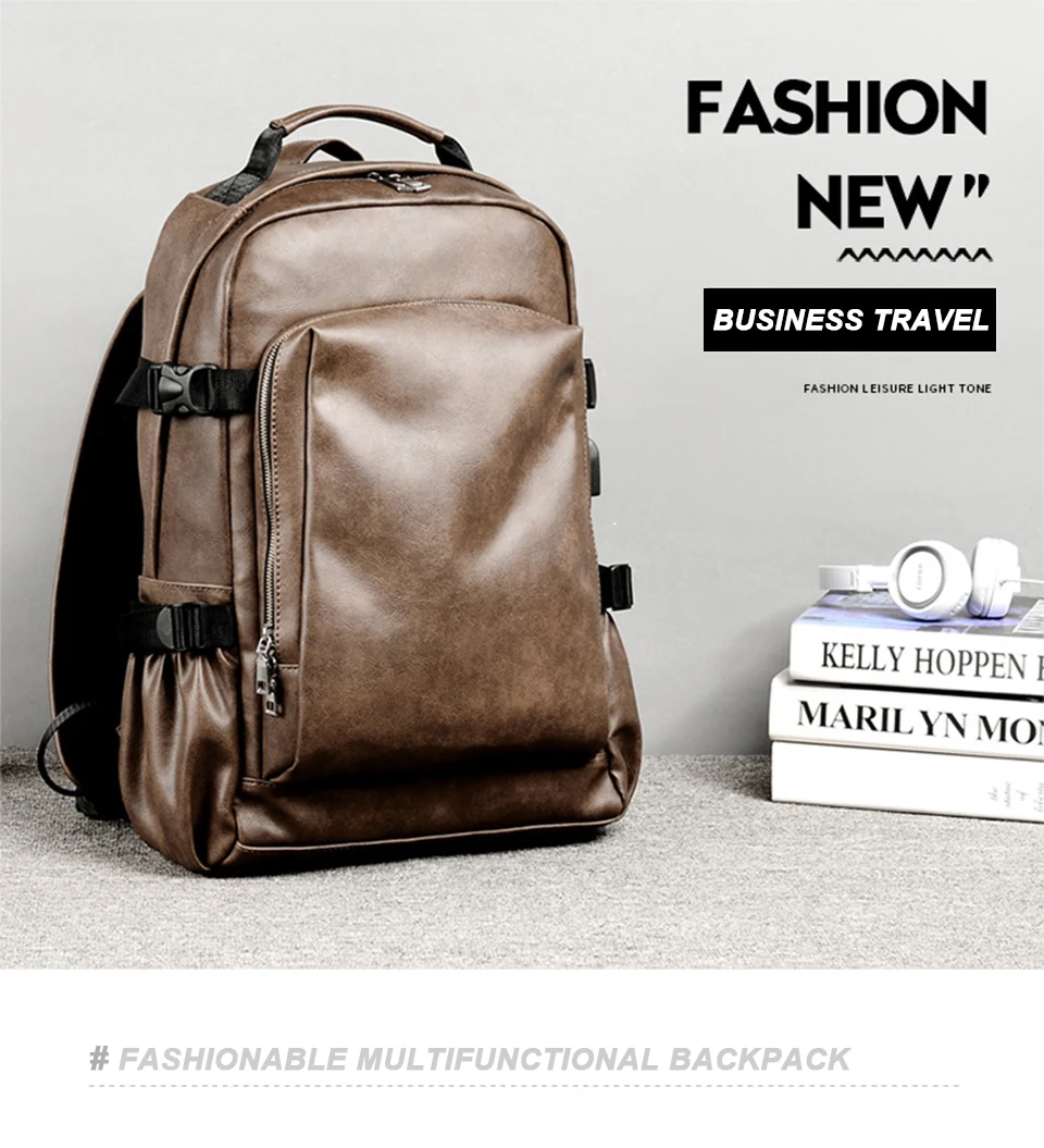 PU Leather Backpack USB Charger Men Bag Male Back Pack School Student Waterproof Laptop Bags Notebook Man 15.6 for Teenager Boys (1)