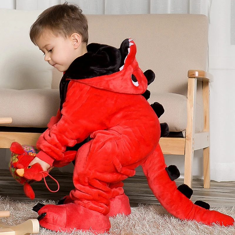 Pajamas Jumpsuit Hoodie Dinosaur Childrens Flannel Long-Sleeved Warm Cute Cartoon Animal
