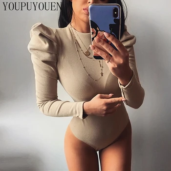 

Womens Bodysuit Tops Black Jumpsuit Long Puff Sleeve Knitted Body Top Women Rompers One Piece Women Bodycon Elegant Clothes