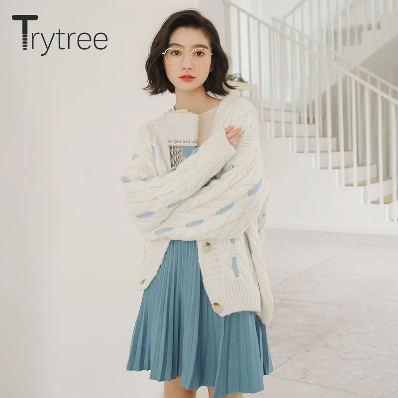 Trytree Осень Зима Женское повседневное пальто с v-образным вырезом однобортное модное вязаное свободное 3 цвета универсальный стиль свитер пальто