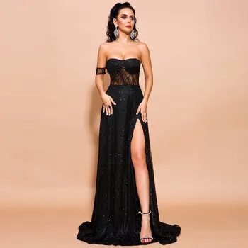 

2020 Women Sexy Off Shoulder Glitter Dresses Female High Split Maxi Elegant Backless Dress