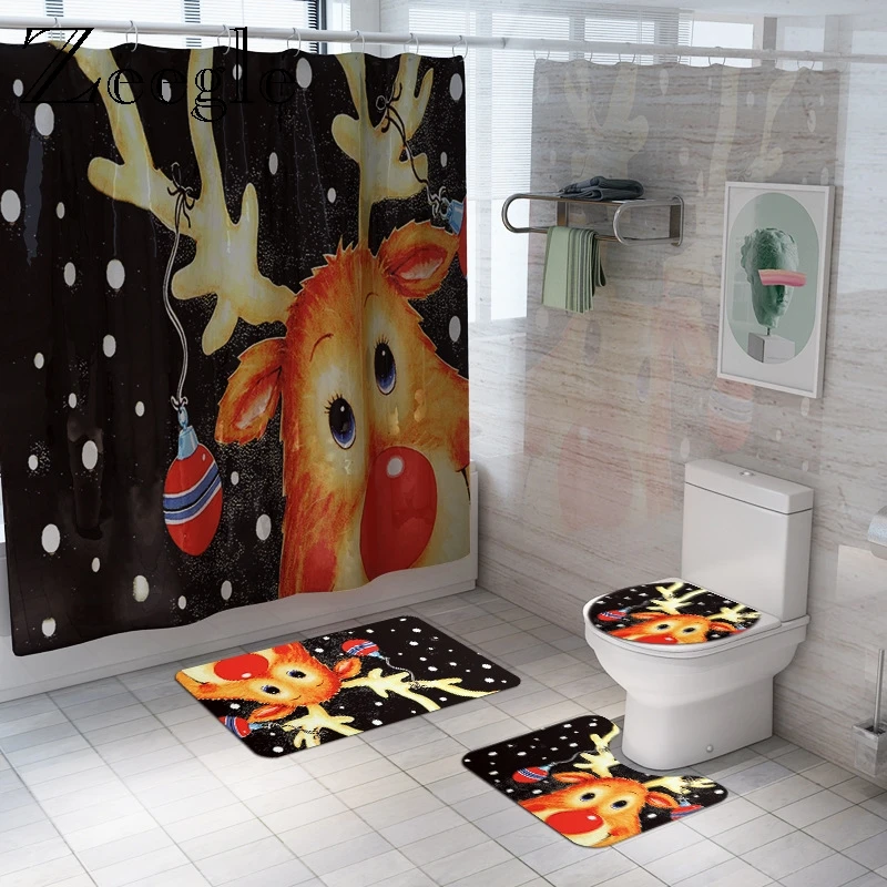 Zeegle Printed Animal Bathroom Mat Toilet Seat Cover Rug Waterproof Toilet Shower Curtain Anti Slip Set Carpet Bathroom Foot Rug