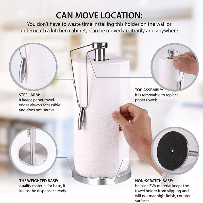 Paper Towel Holder Countertop, Standing Waterproof Stainless Steel Paper  Towel Stand with Stone Weighted Base, One Handed Tear Paper Towel Roll  Holder