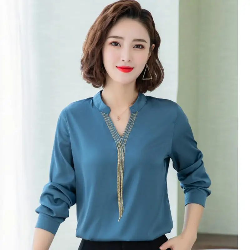 Women's Spring Autumn Style Chiffon Blouses Shirt Women's Rivet Beads Long Sleeve Solid Color Korean Elegant Tops 1656