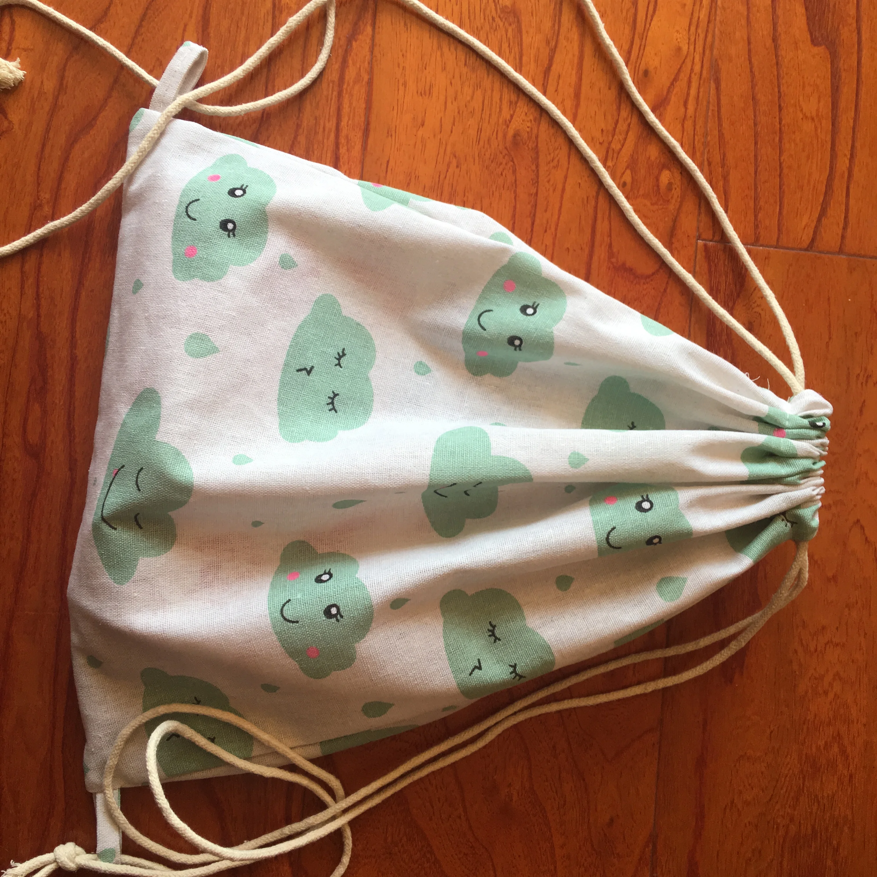 

Cotton Linen Eco Drawstring Backpack Book Shoes Bag Green Smiling Cloud Rain Drop YL2