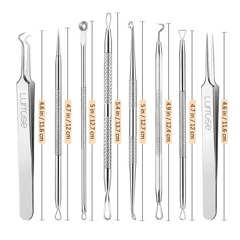 Lurrose 8 шт., удаление угрей, набор инструментов для Нержавеющая сталь угорь Extractor Набор инструментов для Пятна Угри прыщи