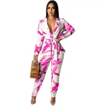 Autumn Women's 2019 Leaves Print Two Piece Slim Elegant Office Casual Long Sleeve Turn-Down Collar Blazers With Belt+Pants Suit