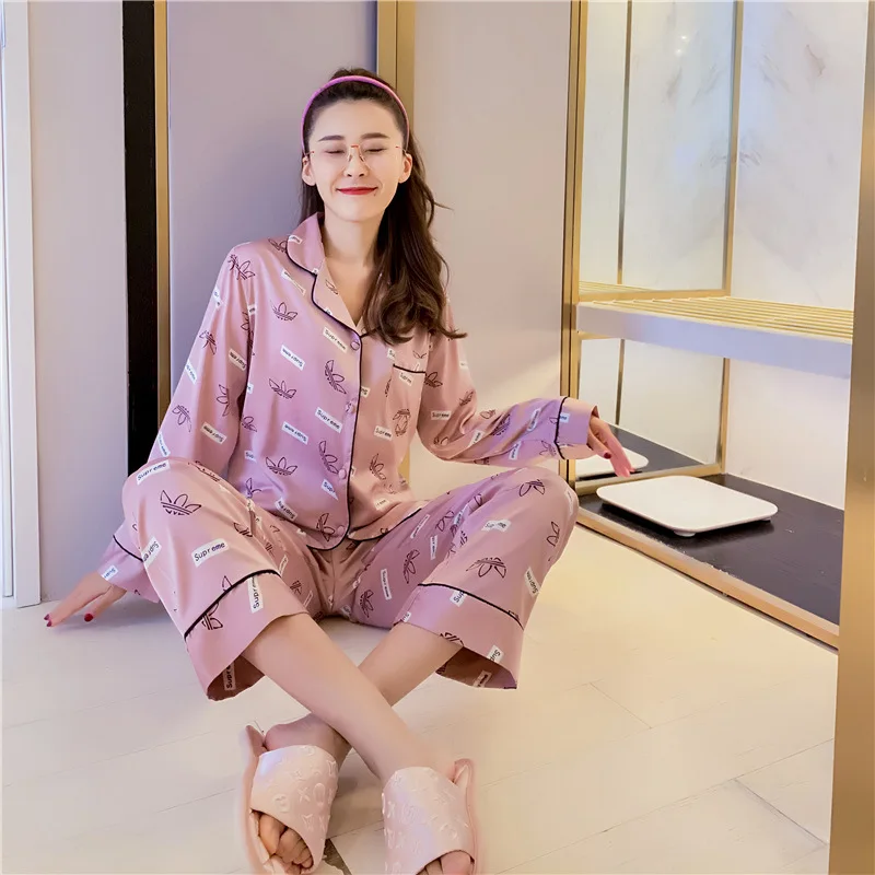 

Explosion Spring And Summer New Women's Long-Sleeved Simulation Silk Pajamas Set Home Service