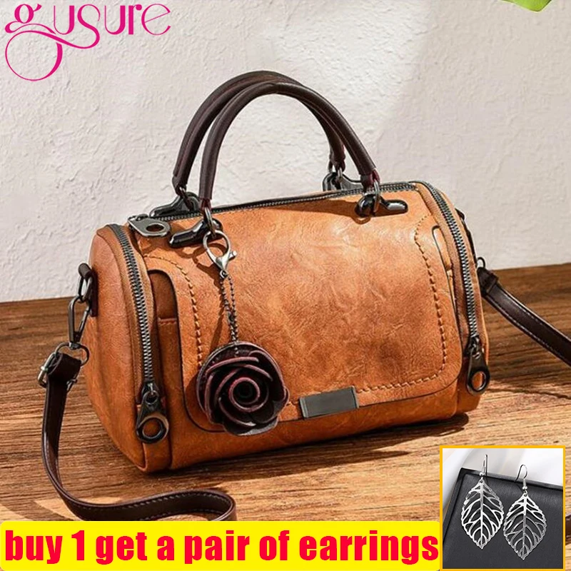 Gusure Elegant Handbag Women Crossbody Bag Small Tote Shoulder Bags with Top-handle Retro Boston Hanging Flower Ornament |