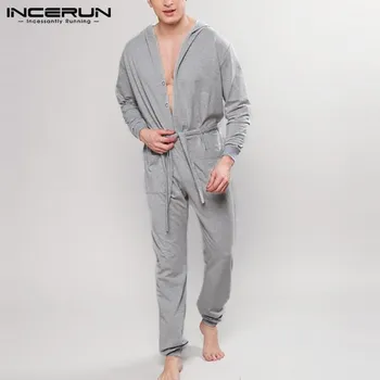 

INCERUN Men Solid Color Pajamas Jumpsuits Long Sleeve Hooded V Neck Sexy Cozy Rompers With Belt Mens Homewear Sleepwear Overalls
