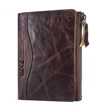 

Men's Short Wallet Genuine Leather Purse Men's Anti-theft Brush Double Zipper Wallet