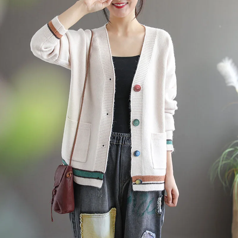 

QPFJQD V Neck Retro Literary Knitted Sweater For Women Buttons Loose Knit Cardigan Core Yarn Sweaters Warm Long Sleeve Outerwear