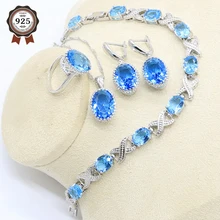 Геометрические голубые циркониевые 925 пробы серебряные свадебные украшения Набор для Для женщин браслет, серьги, ожерелье кулон подарочные коробки для колец