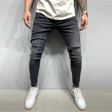 Pantalones vaqueros rasgados para hombre, Jeans ajustados elásticos de lápiz negro, ropa de calle de estilo Casual Hip Hop, ajustados con agujeros