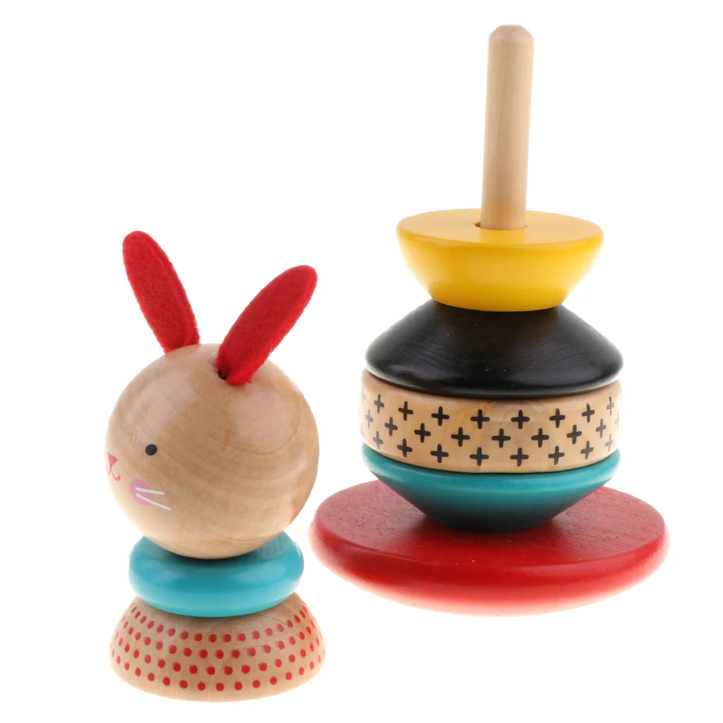 Wooden Blocks Toy for Kids Babies, Rainbow Tower Rabbit Tumbler Doll Roly-poly Baby Toy
