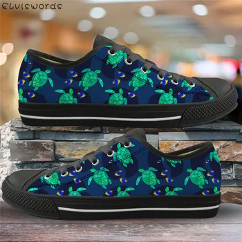 

ELVISWORDS Funny Tortoise Print Women Black Flats Casual Low Top Vulcanized Shoes for Teenager Sea Turtle Design Canvas Sneakers