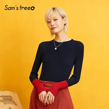 

SAM'S TREE Patchwork Sleeve Slim Fit Casual Basic Sweater Women 2019 Autumn Korean Style Knitted Office Ladies Tops