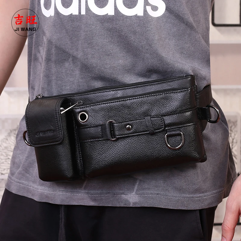 JI WANG Genuine Cowhide Leather Waist Packs Leather Fanny Packs Mobile Bags Soft Belt Bags Sling Bags Hook Bag Crossing Bags - Цвет: Black