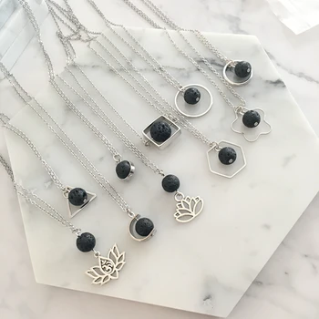 

Triangle Circle Hexagon Square Lotus Nature Lava Stone Essential Oil Diffuser Necklace Stainless Steel Aromatherapy Jewelry