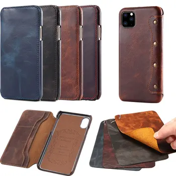 

Luxury Oil Wax pattern Genuine Leather Cover case For iphone 11 iphone6s 7 8 Plus XR XS Max leather wallet case for Samsung S10