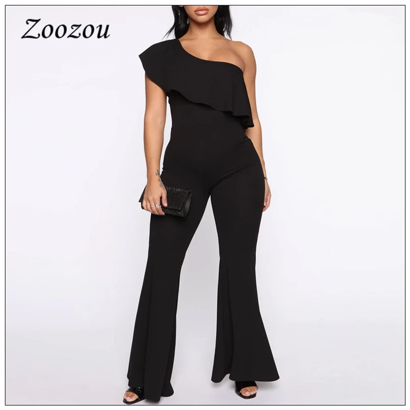 

Asymmetrical Ruffle One Shoulder Jumpsuit Plus Size Elegant Boot Cut Wide Leg Rompers Women Elastic Slim Flare Jumpsuits Custom