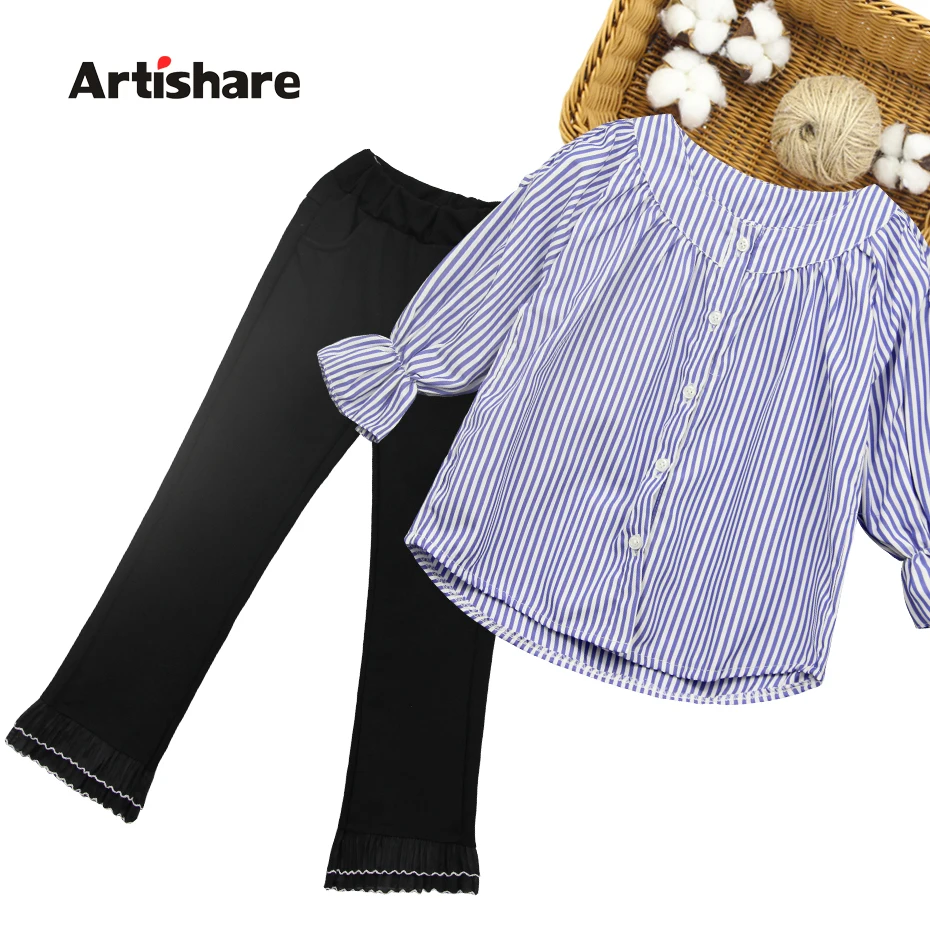 Girls School Clothes Spring Autumn Girl Striped Blouse + Pants Casual Style Kids Tracksuit | Детская одежда и обувь