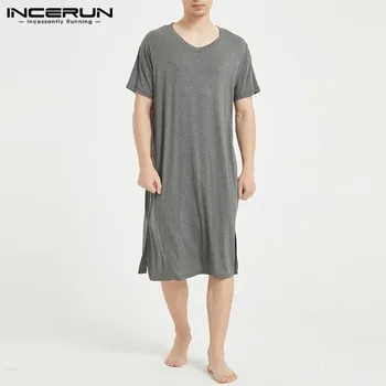 

INCERUN Leisure Sleep Robe Men Summer Short Sleeve V Neck Sleepwear Casual Cotton Solid Color Nightwear Knee Length Homewear 3XL