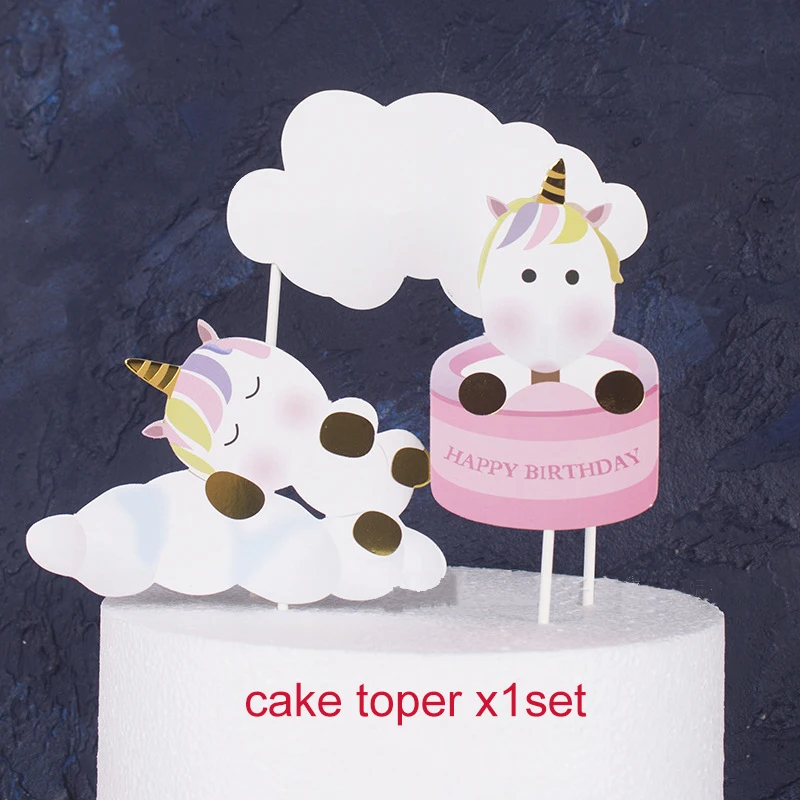 cake topperB x1set Радужный Единорог вечерние украшения одноразовая посуда Набор тарелка соломенная гирлянда для дня рождения украшения Дети взрослый ребенок душ - Цвет: cake topperB x1set