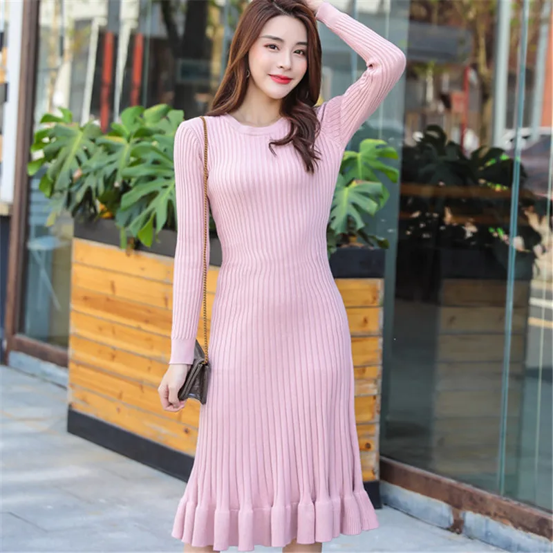 

Korean Fashion Woman Sweater Dress Elegant Women Knitted Midi Dresses Winter Bodycon Dress Plus Size Women High Waist OL Dresses