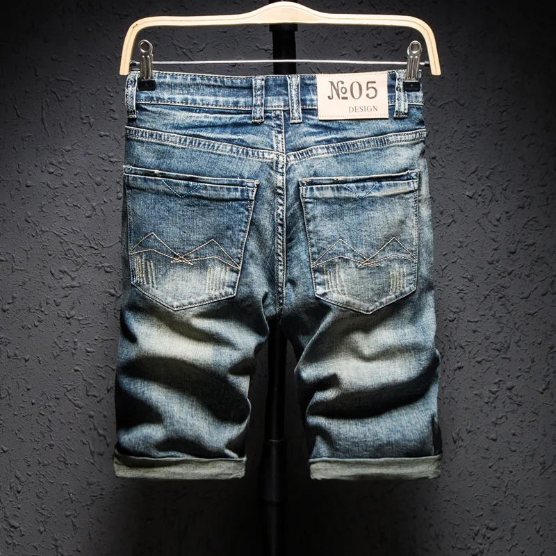 Classic Retro Distressed Men's Letter Printed Jeans Short Knee Length Straight Slim Frayed Trend Punk Male Denim Short