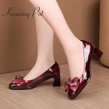 

Krazing pot 2020 new vintage full grain leather square toe med square heels big bowtie lady concise cozy dating wear pumps L11