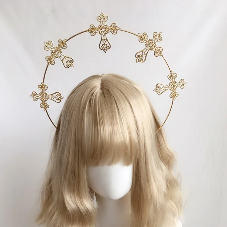 Gothic Lolita Federflügel Göttin Kirche Papst Goldene Haarschmuck Teufel Wunderschöne Vintage Jungfrau Maria Tiara Kopfbedeckung – Detail 15