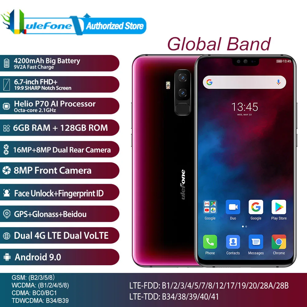 Gps ГЛОНАСС Beidou Global Band Ulefone T2 разблокировка лица отпечаток пальца ID NFC Google Play Android 9,0 6,7 дюйма 4200 мАч 16 МП