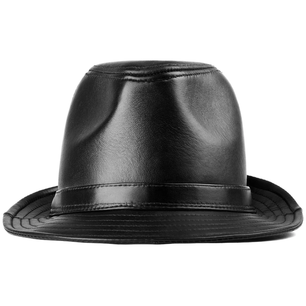 LA SPEZIA Black Fedora Hat Men Genuine Leather Sheepskin Jazz Cap Autumn Winter British Casual High Quality Wide Brim Hat