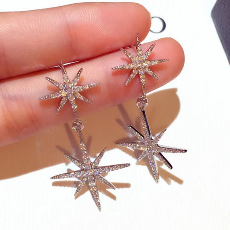 

Fashion 925 Sterling Silver Woman Earring Luxury Crystal Star Snowflake Drop Earrings Diomand Rhinestone Wedding Jewelry
